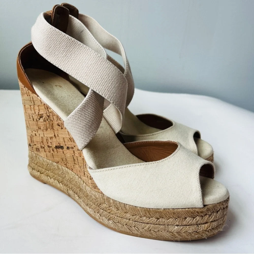 Tory Burch Kate Cream and Tan Woven Espadrille Wedge Platform Sandals